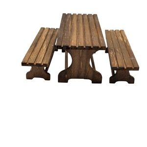 Vintage Strombecker Wood Picnic Table Benches 1:12 Brown Garden Patio Dollhouse